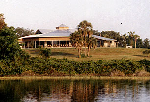A view of the dinng hall from the lake